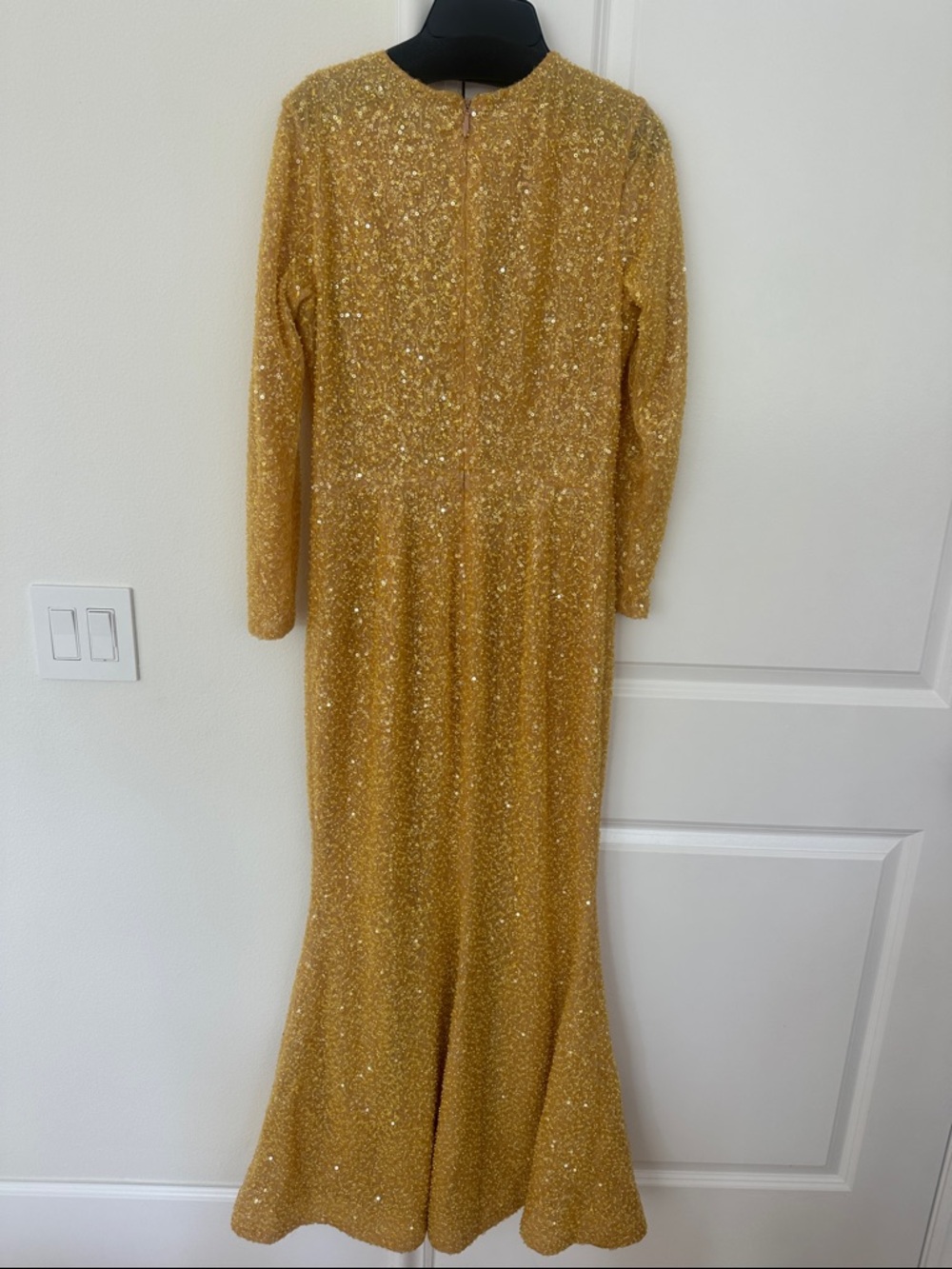 Gold Sequin Long Sleeve Floral-Embellished Evening Dress - Picture 6 of 9
